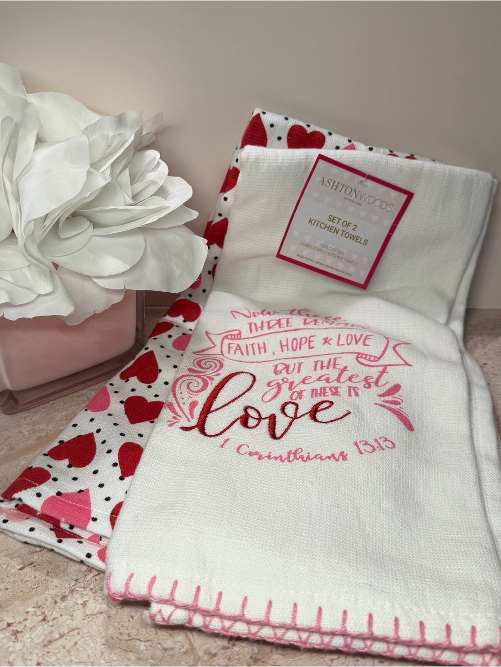 Ashton Woods 100% Cotton Valentine’s Day Kitchen Towel Set 1 Corinthians 13:13